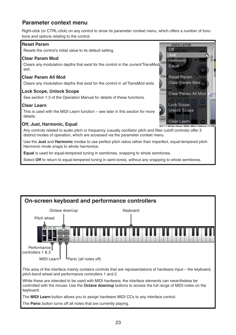 Parameter context menu, On-screen keyboard and performance controllers | FXpansion DCAM Synth Squad Quick Start Guide User Manual | Page 23 / 48