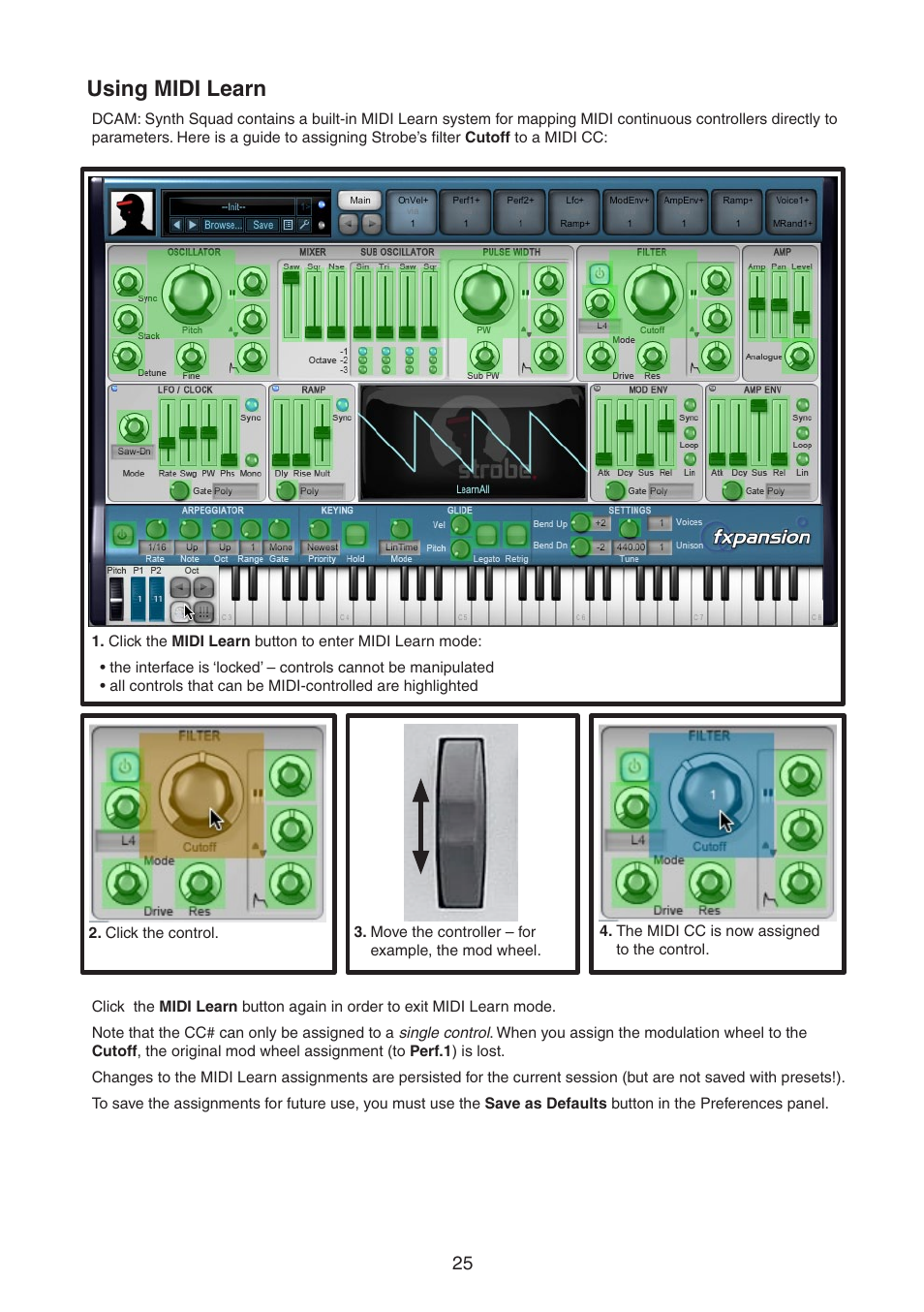 Using midi learn | FXpansion DCAM Synth Squad Quick Start Guide User Manual | Page 25 / 48