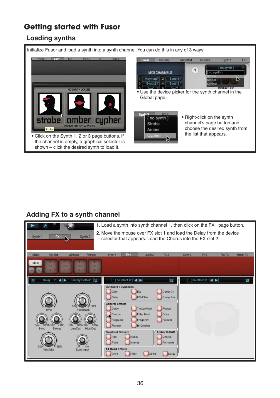 Getting started with fusor, Loading synths, Adding fx to a synth channel | Loading synths adding fx to a synth channel | FXpansion DCAM Synth Squad Quick Start Guide User Manual | Page 36 / 48