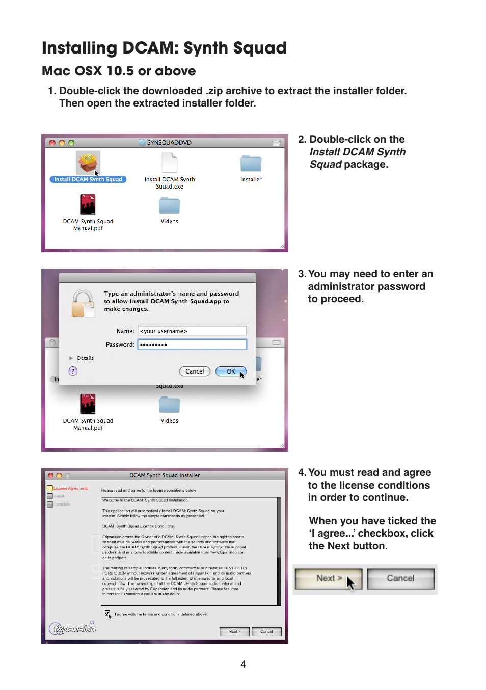 Installing dcam: synth squad: mac osx, Installing dcam: synth squad | FXpansion DCAM Synth Squad Quick Start Guide User Manual | Page 4 / 48