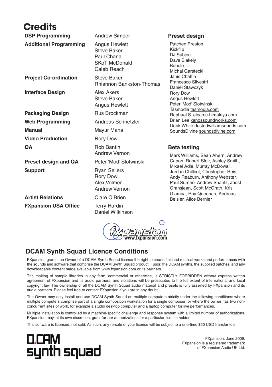 Credits, Dcam synth squad licence conditions | FXpansion DCAM Synth Squad Quick Start Guide User Manual | Page 44 / 48