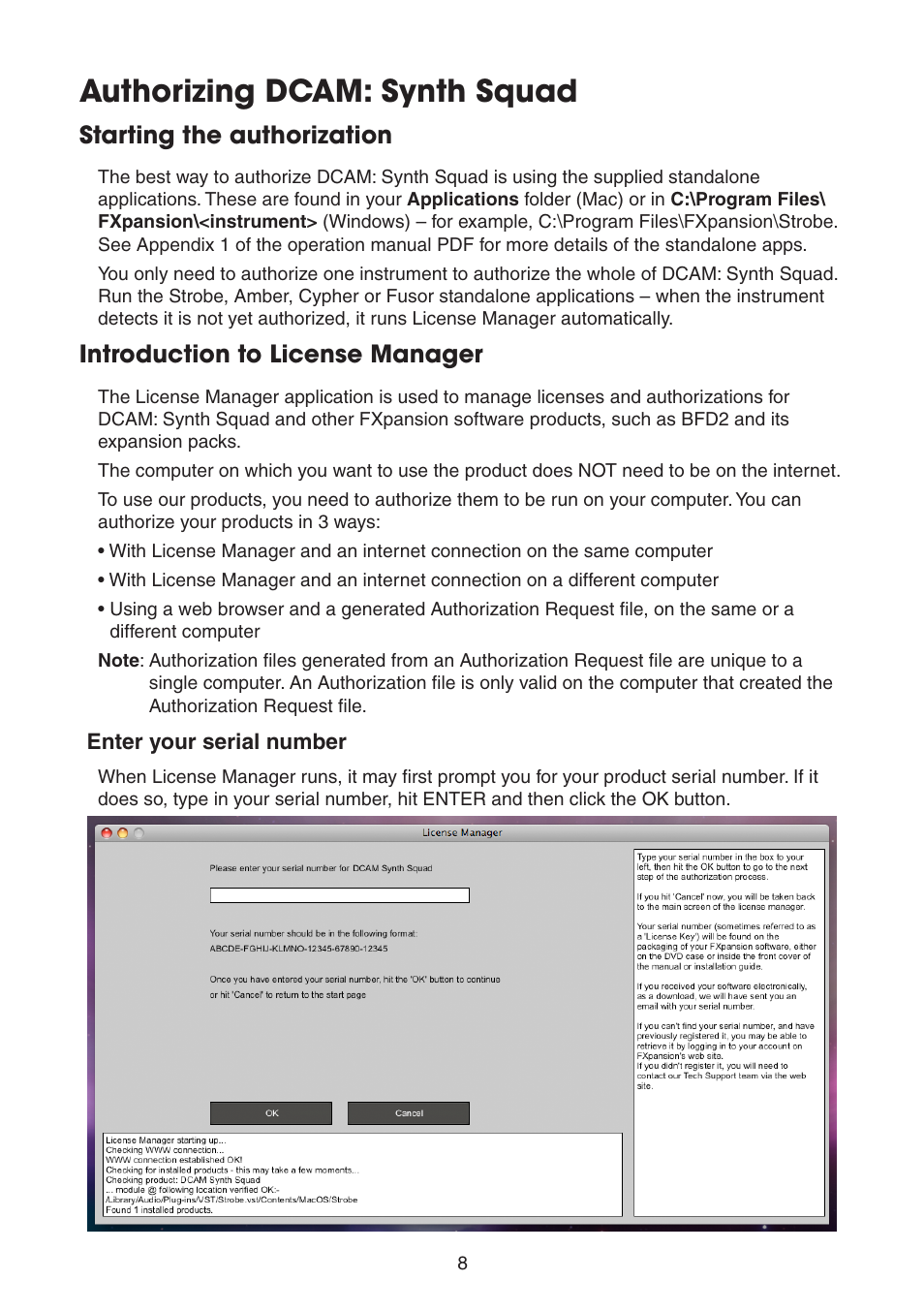 Authorizing dcam: synth squad, Starting the authorization, Introduction to license manager | FXpansion DCAM Synth Squad Quick Start Guide User Manual | Page 8 / 48