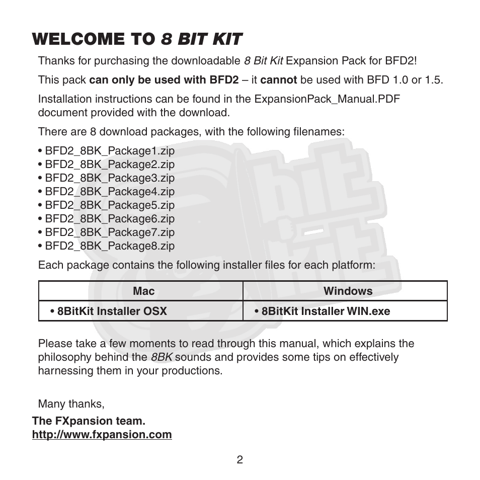 Welcome to 8 bit kit | FXpansion BFD2 8BK User Manual | Page 2 / 24