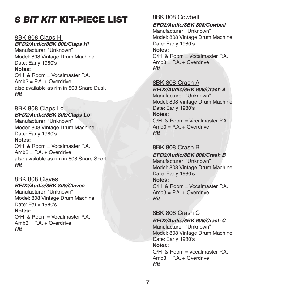 8 bit kit kit-piece list | FXpansion BFD2 8BK User Manual | Page 7 / 24