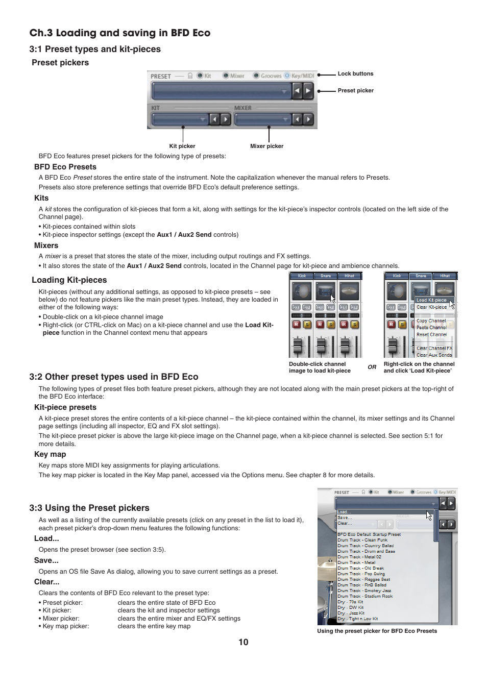 Ch.3 loading and saving in bfd eco, 1 preset types and kit-pieces, Preset pickers | Loading kit-pieces, 2 other preset types used in bfd eco, Kit-piece presets, Key map, 3 using the preset pickers | FXpansion BFD Eco User Manual | Page 10 / 36