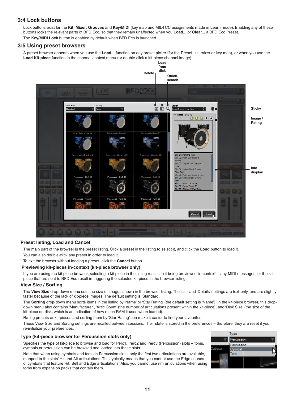 4 lock buttons, 5 using preset browsers, Preset listing, load and cancel | View size / sorting, Type (kit-piece browser for percussion slots only), 11 3:4 lock buttons | FXpansion BFD Eco User Manual | Page 11 / 36