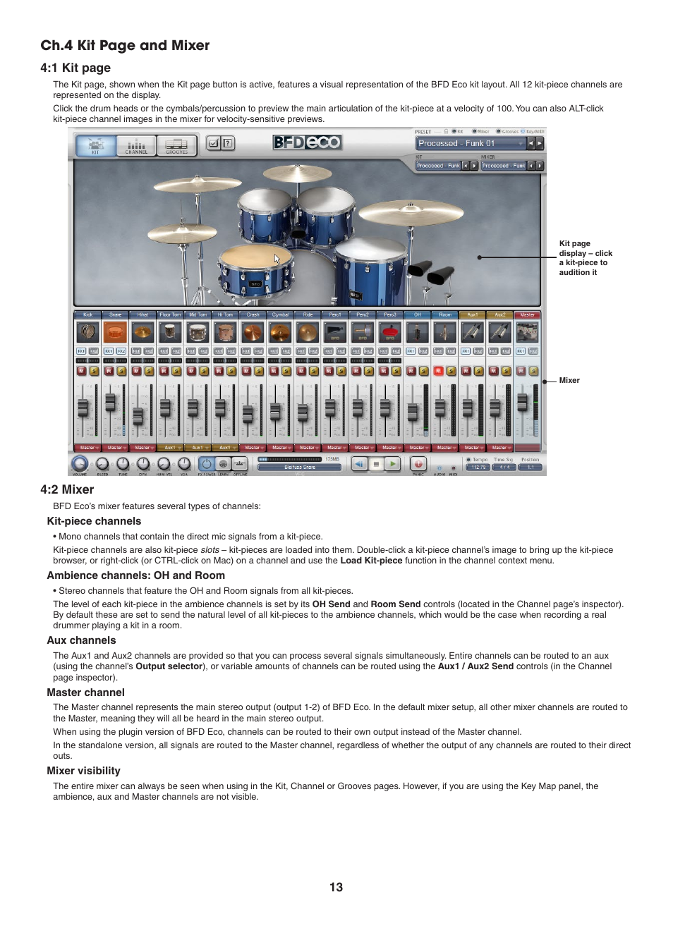 2 mixer, Kit-piece channels, Ambience channels: oh and room | Aux channels, Master channel, Mixer visibility, Ch.4 kit page and mixer, 1 kit page | FXpansion BFD Eco User Manual | Page 13 / 36