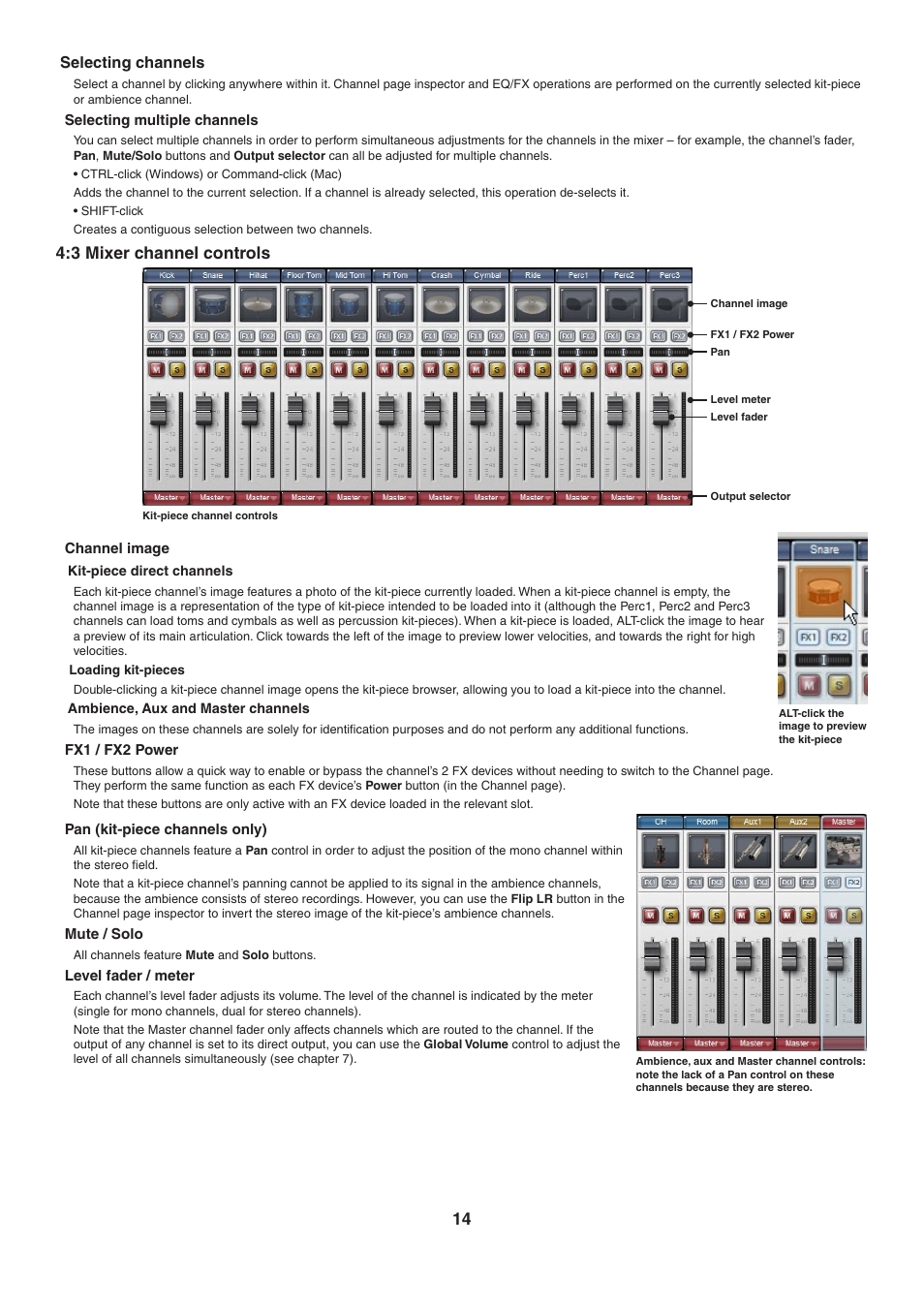Selecting channels, Selecting multiple channels, 3 mixer channel controls | Channel image, Fx1 / fx2 power, Pan (kit-piece channels only), Mute / solo, Level fader / meter | FXpansion BFD Eco User Manual | Page 14 / 36