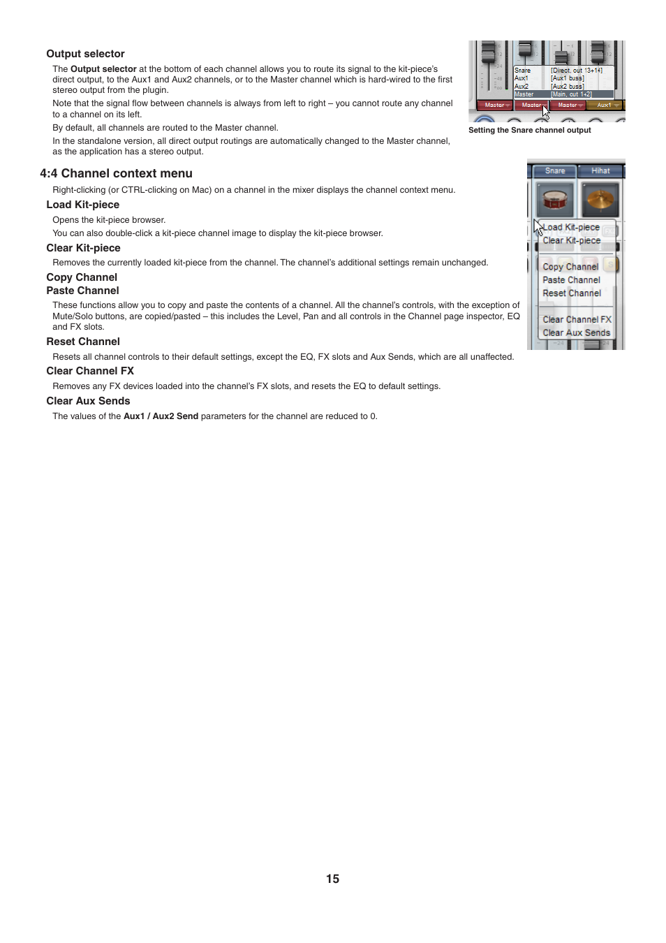 Output selector, 4 channel context menu, Load kit-piece | Clear kit-piece, Copy channel, paste channel, Reset channel, Clear channel fx, Clear aux sends | FXpansion BFD Eco User Manual | Page 15 / 36