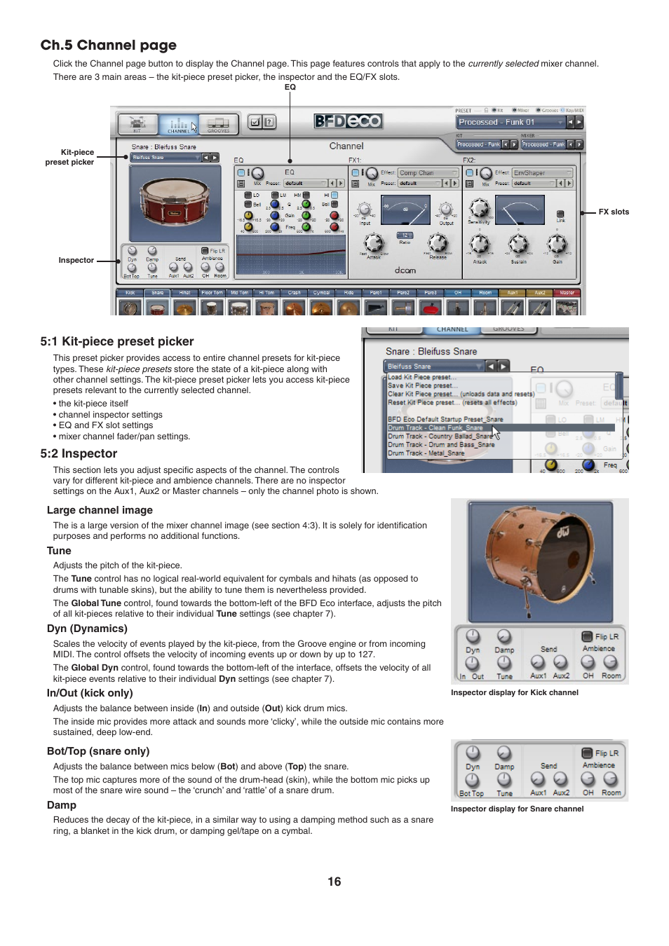 1 kit-piece preset picker, 2 inspector, Large channel image | Tune, Dyn (dynamics), In/out (kick only), Bot/top (snare only), Damp, Ch.5 channel page | FXpansion BFD Eco User Manual | Page 16 / 36