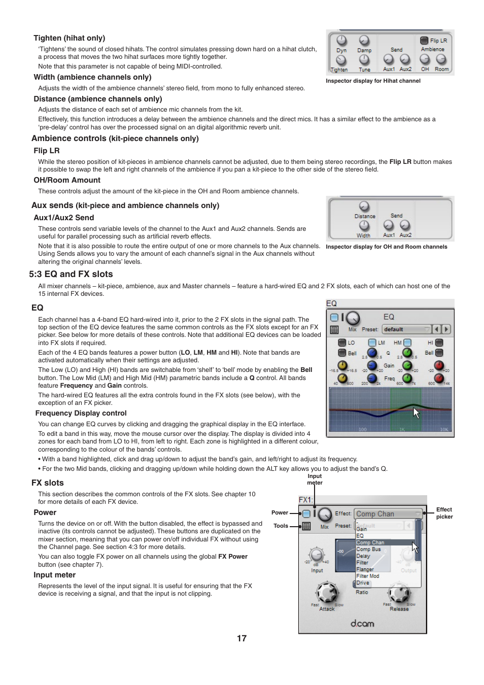 Tighten (hihat only), Width (ambience channels only), Distance (ambience channels only) | Ambience controls (kit-piece channels only), Flip lr, Oh/room amount, Aux sends (kit-piece and ambience channels only), Aux1/aux2 send, 3 eq and fx slots, Fx slots | FXpansion BFD Eco User Manual | Page 17 / 36