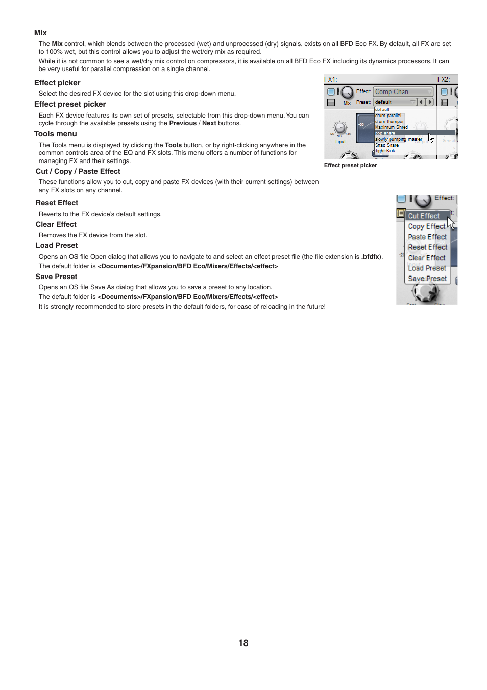 Effect picker, Effect preset picker, Tools menu | FXpansion BFD Eco User Manual | Page 18 / 36