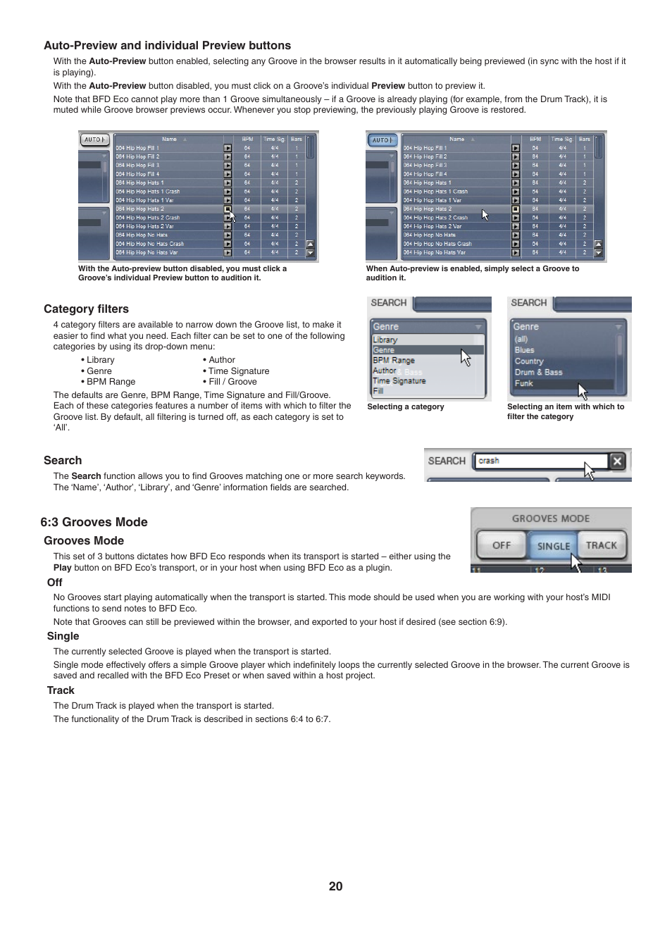 Auto-preview and individual preview buttons, Category filters, Search | 3 grooves mode, Grooves mode, Single, Track | FXpansion BFD Eco User Manual | Page 20 / 36