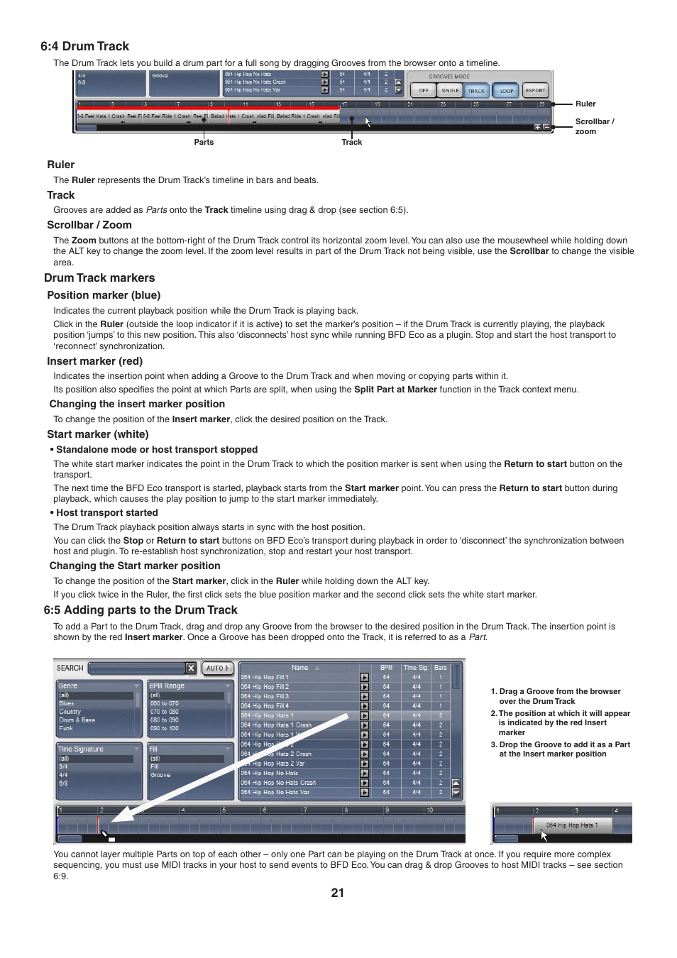 5 adding parts to the drum track, 4 drum track, Ruler | Track, Scrollbar / zoom, Drum track markers, Position marker (blue), Insert marker (red), Start marker (white), 21 6:4 drum track | FXpansion BFD Eco User Manual | Page 21 / 36