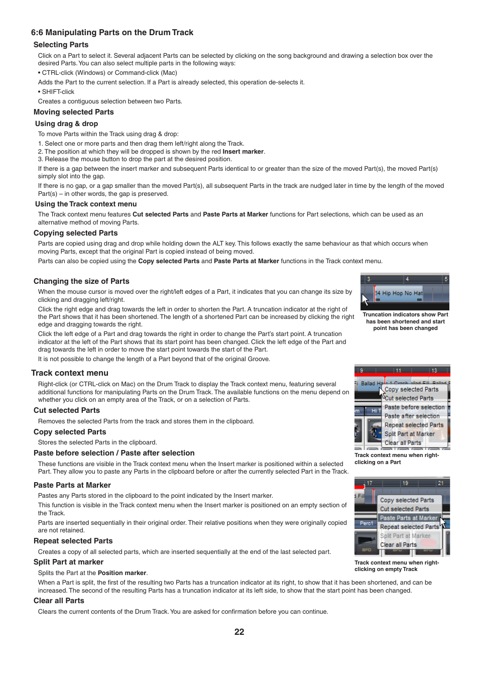 6 manipulating parts on the drum track, Selecting parts, Moving selected parts | Copying selected parts, Changing the size of parts, Track context menu, Cut selected parts, Copy selected parts, Paste before selection / paste after selection, Paste parts at marker | FXpansion BFD Eco User Manual | Page 22 / 36