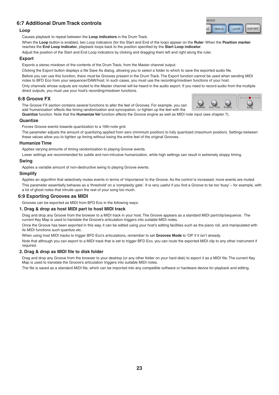 7 additional drum track controls, Loop, Export | 8 groove fx, Quantize, Humanize time, Swing, Simplify, 9 exporting grooves as midi, Drag & drop as host midi part to host midi track | FXpansion BFD Eco User Manual | Page 23 / 36