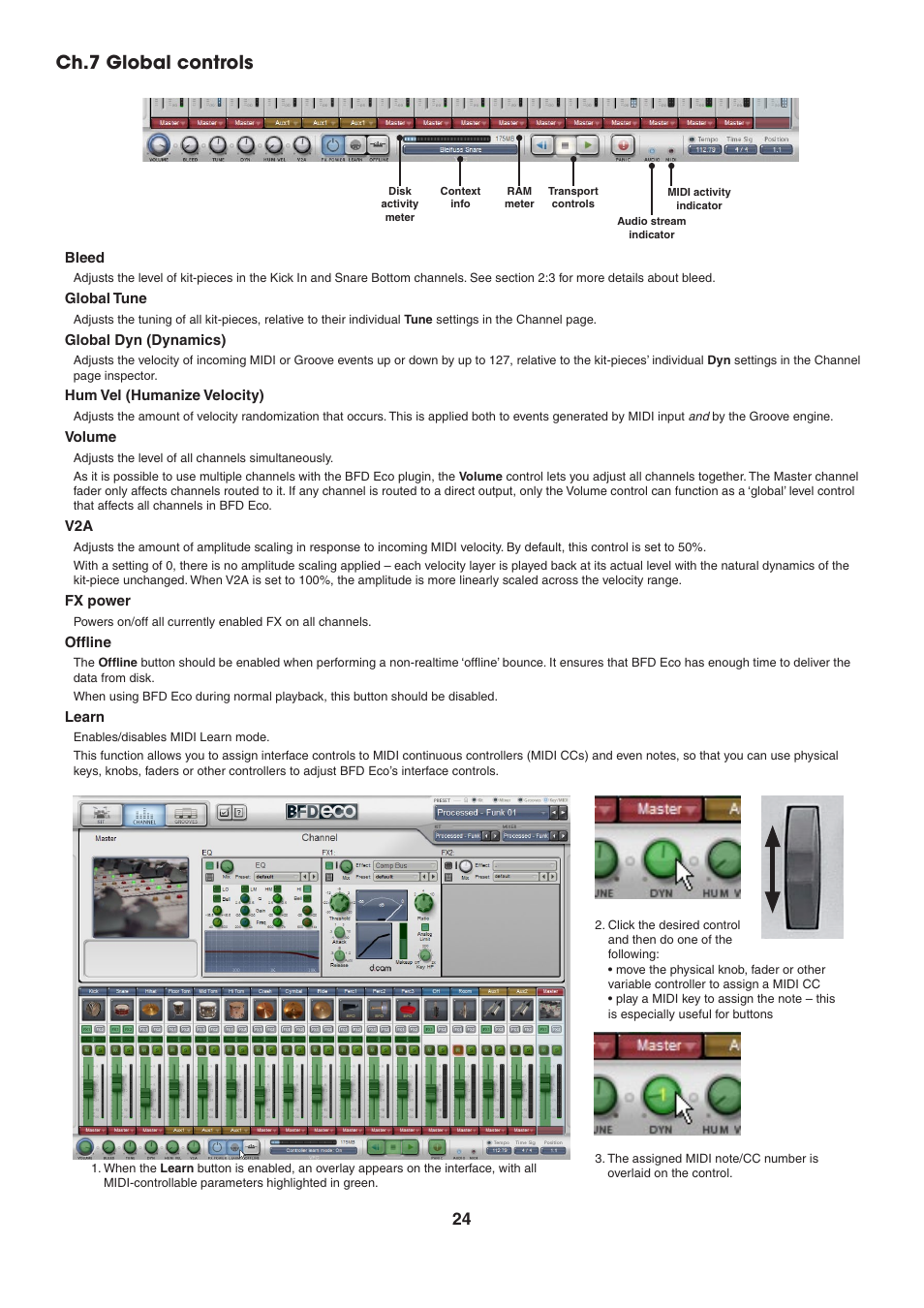 Ch.7 global controls, Bleed, Global tune | Global dyn (dynamics), Hum vel (humanize velocity), Volume, Fx power, Offline, Learn | FXpansion BFD Eco User Manual | Page 24 / 36