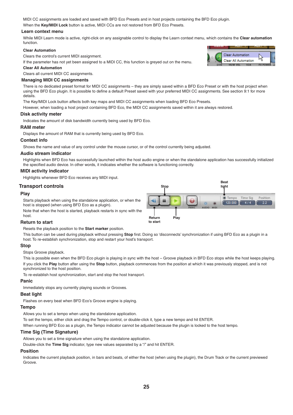 Disk activity meter, Ram meter, Context info | Audio stream indicator, Midi activity indicator, Transport controls, Play, Return to start, Stop, Panic | FXpansion BFD Eco User Manual | Page 25 / 36