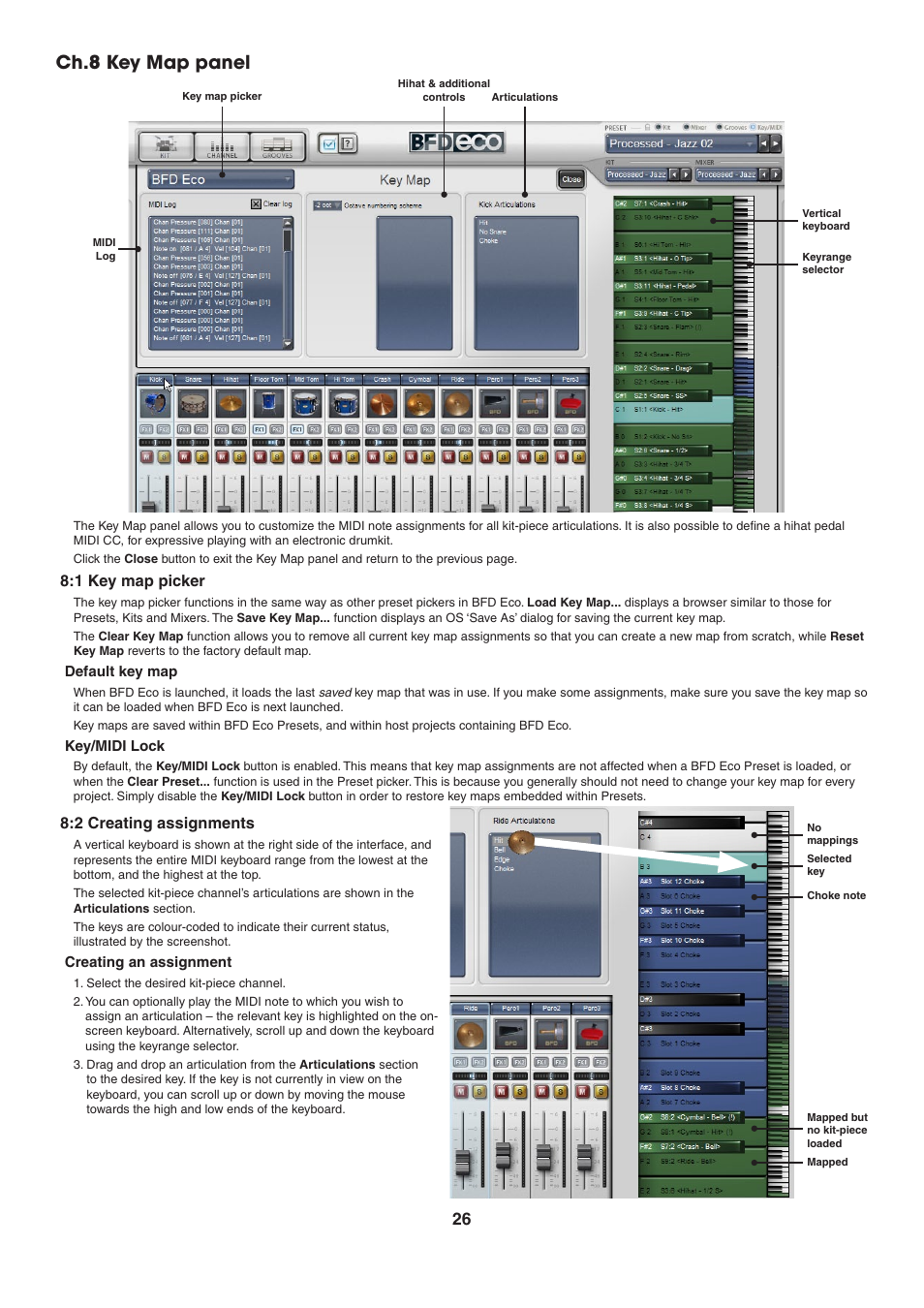 Ch.8 key map panel, 1 key map picker, Default key map | Key/midi lock, 2 creating assignments, Creating an assignment | FXpansion BFD Eco User Manual | Page 26 / 36