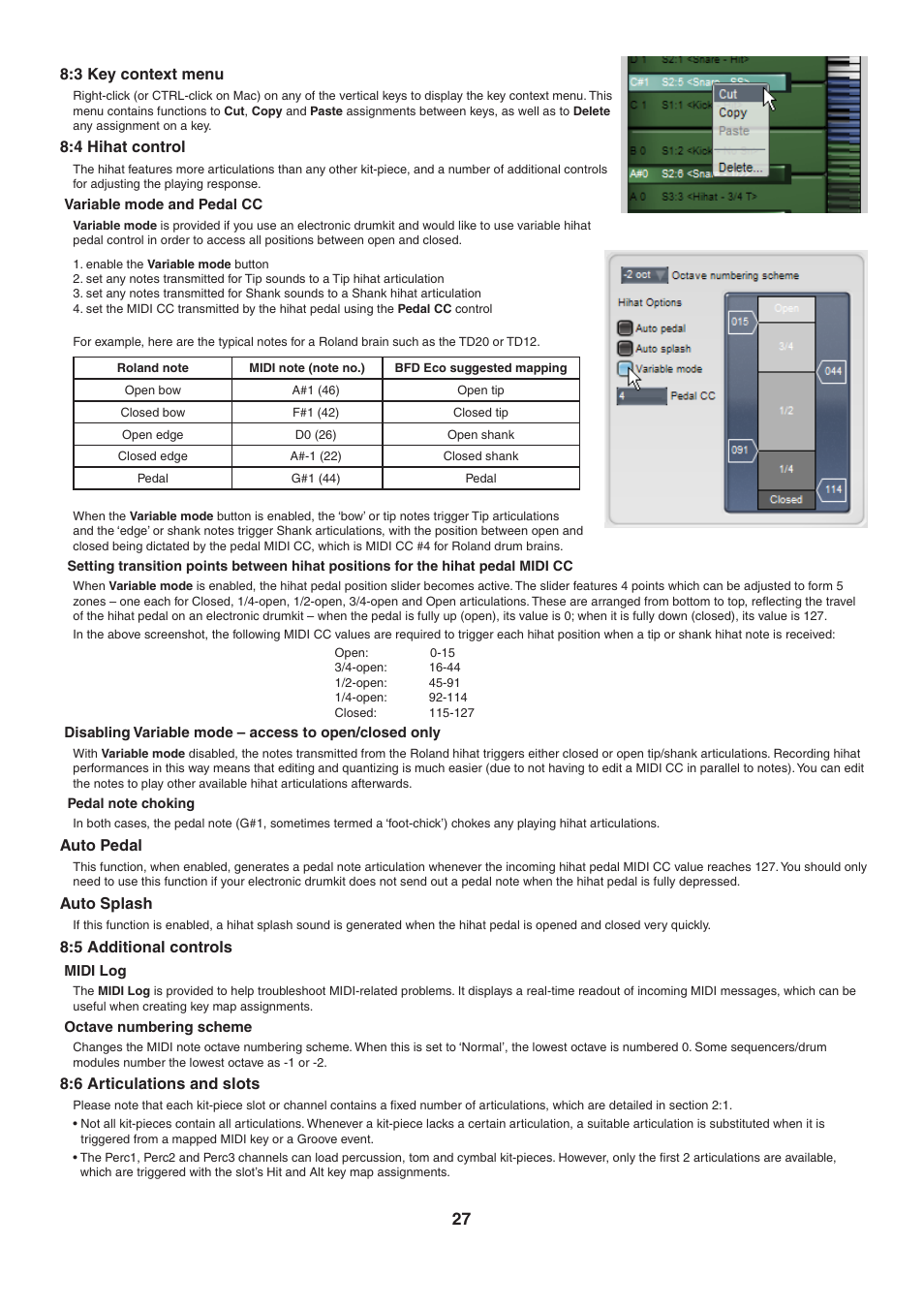 3 key context menu, 4 hihat control, Variable mode and pedal cc | 5 additional controls, Midi log, Octave numbering scheme, Auto pedal, Auto splash, 6 articulations and slots | FXpansion BFD Eco User Manual | Page 27 / 36