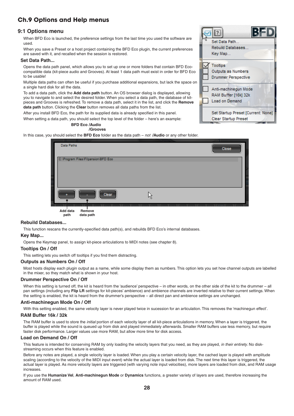 Ch.9 options and help menus, 1 options menu, Set data path | Rebuild databases, Key map, Tooltips on / off, Outputs as numbers on / off, Drummer perspective on / off, Anti-machinegun mode on / off, Ram buffer 16k / 32k | FXpansion BFD Eco User Manual | Page 28 / 36