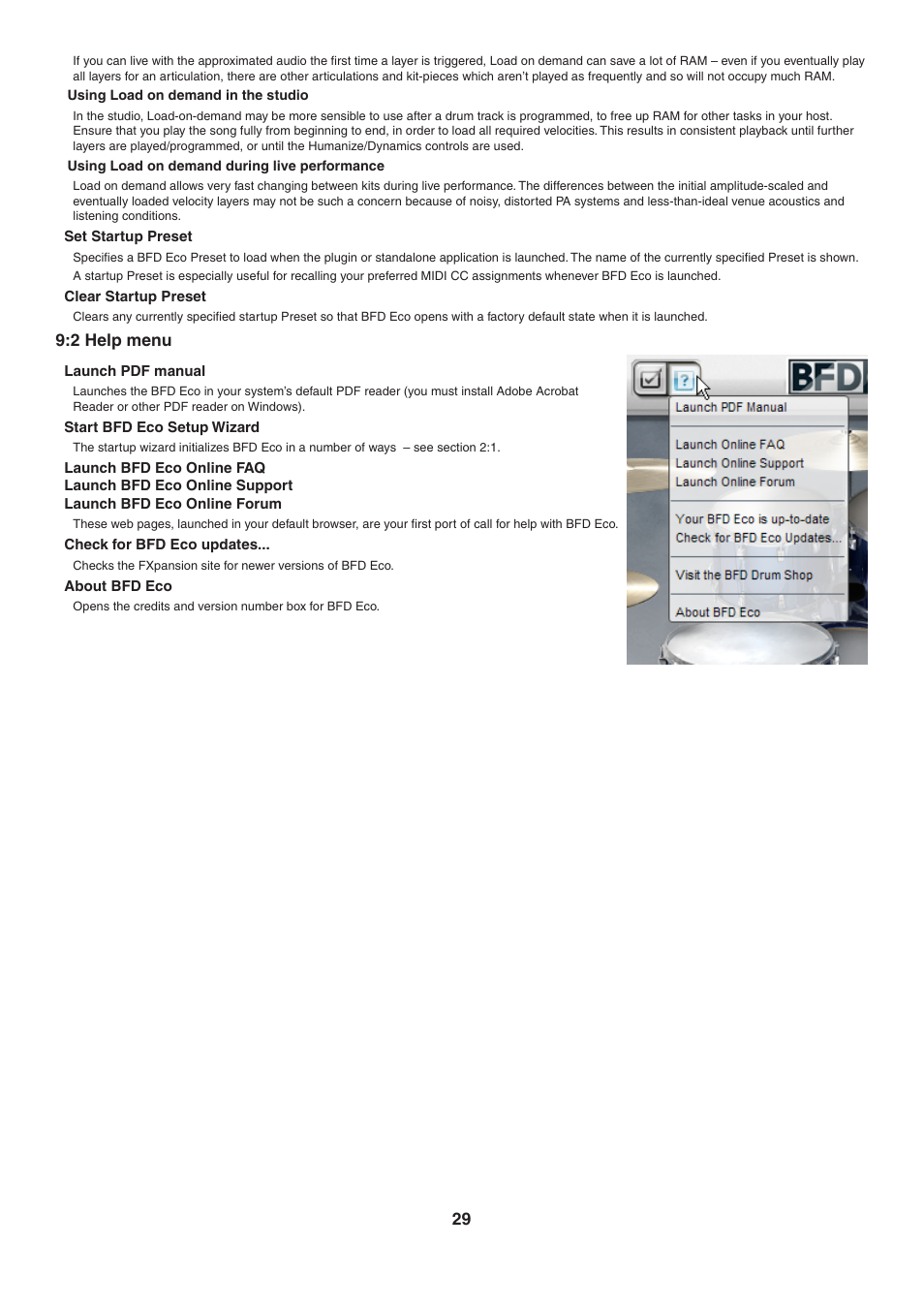 Set startup preset, Clear startup preset, 2 help menu | FXpansion BFD Eco User Manual | Page 29 / 36