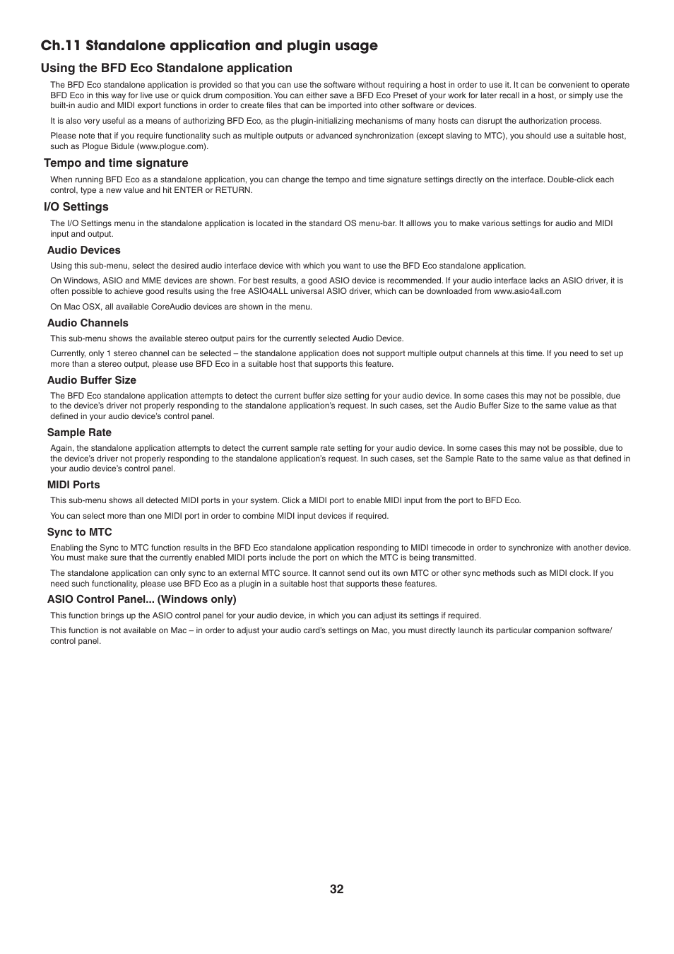 Ch.11 standalone application and plugin usage, Using the bfd eco standalone application, Tempo and time signature | I/o settings | FXpansion BFD Eco User Manual | Page 32 / 36