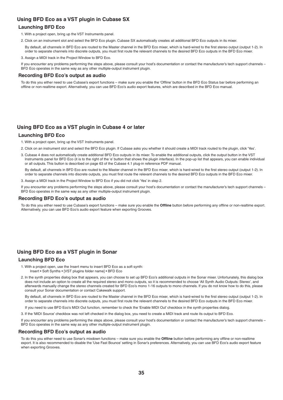 Using bfd eco as a vst plugin in cubase sx, Using bfd eco as a vst plugin in cubase 4 or later, Using bfd eco as a vst plugin in sonar | 35 using bfd eco as a vst plugin in cubase sx | FXpansion BFD Eco User Manual | Page 35 / 36