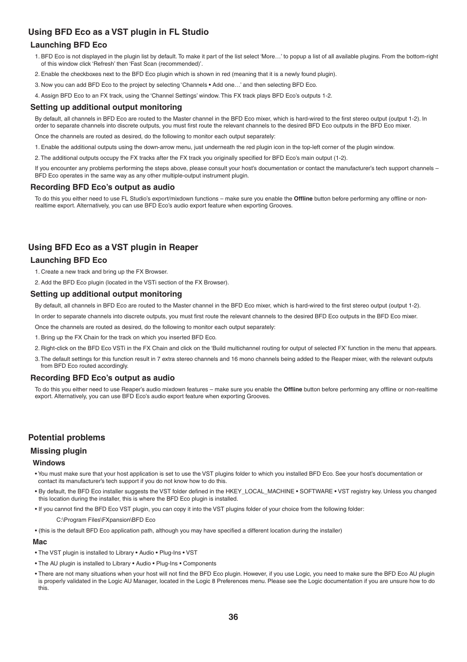 Using bfd eco as a vst plugin in fl studio, Using bfd eco as a vst plugin in reaper, Potential problems | 36 using bfd eco as a vst plugin in fl studio | FXpansion BFD Eco User Manual | Page 36 / 36