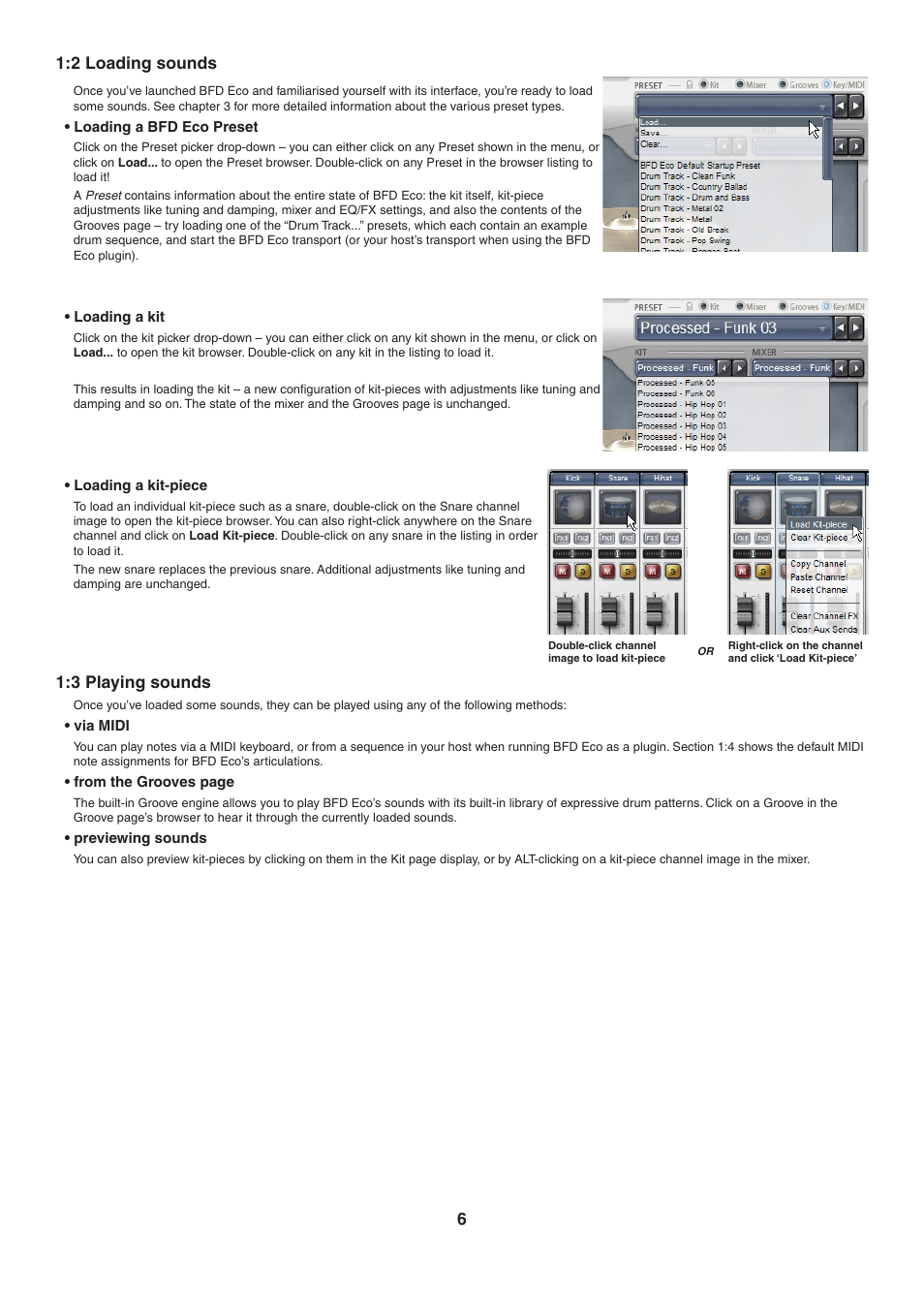 2 loading sounds, Loading a bfd eco preset, Loading a kit | Loading a kit-piece, 3 playing sounds, Via midi, Previewing sounds | FXpansion BFD Eco User Manual | Page 6 / 36