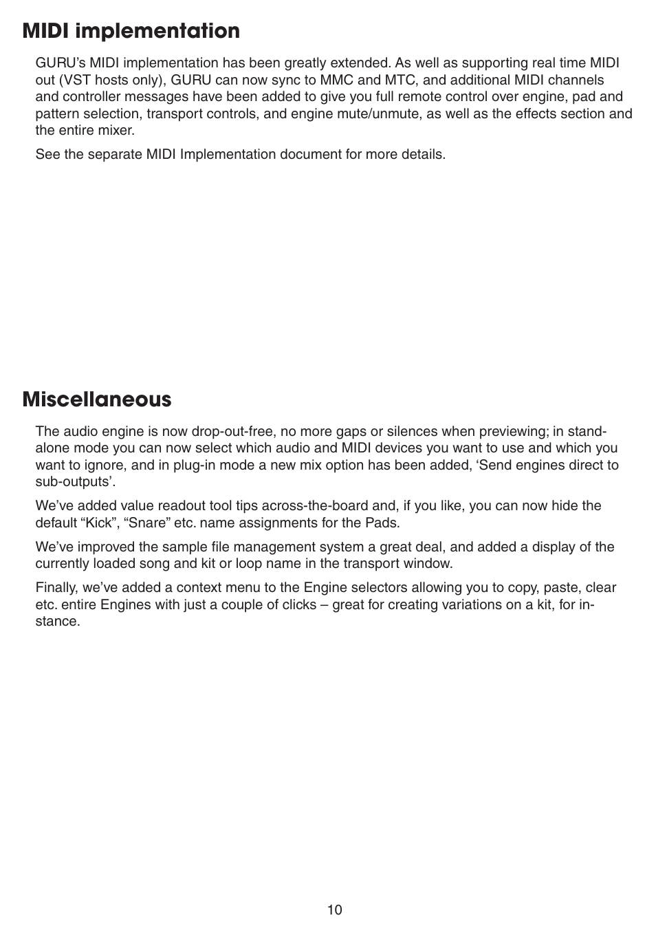 Midi implementation, Miscellaneous | FXpansion Guru 1.5 User Manual | Page 10 / 19