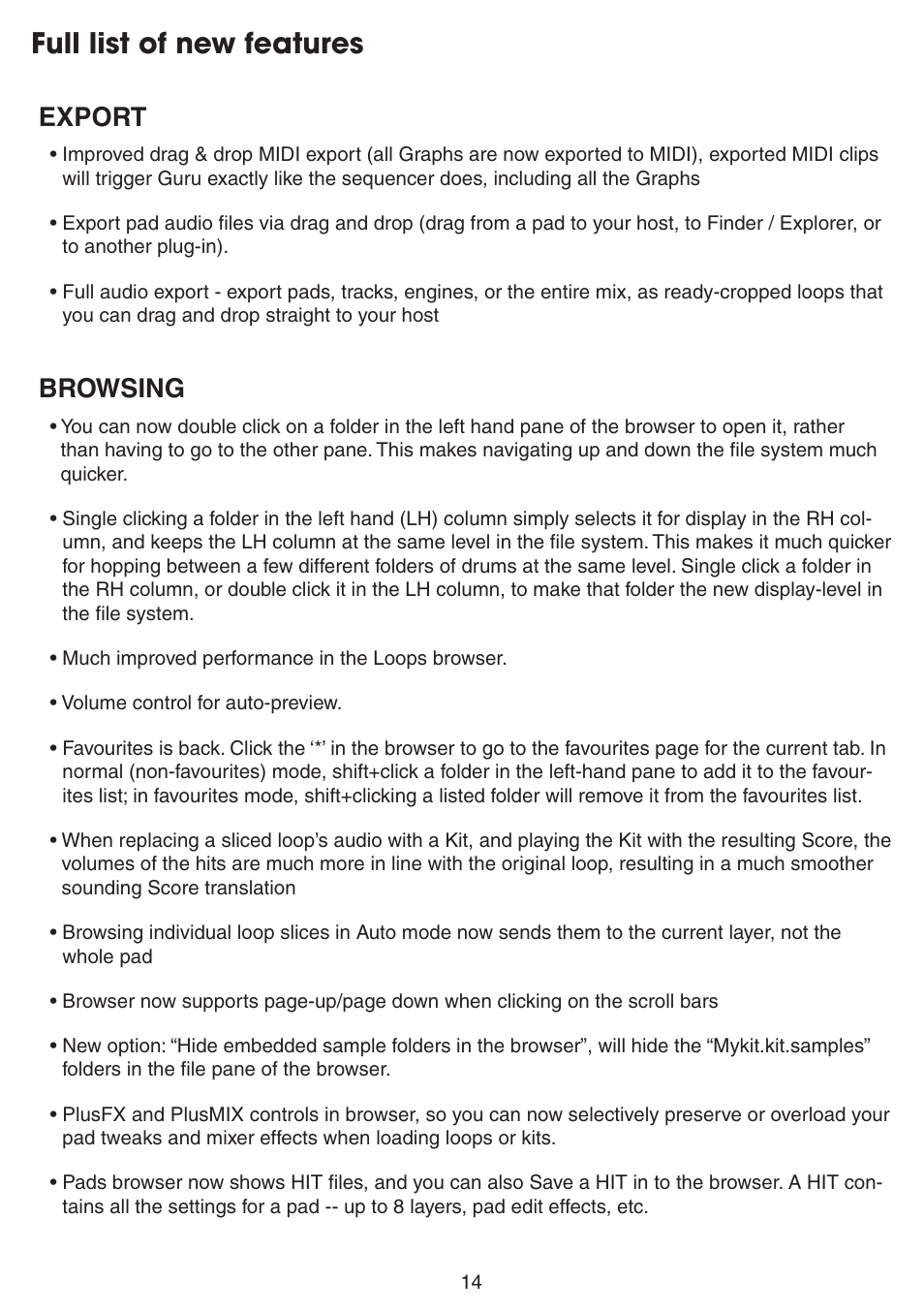Full list of new features, Export, Browsing | FXpansion Guru 1.5 User Manual | Page 14 / 19