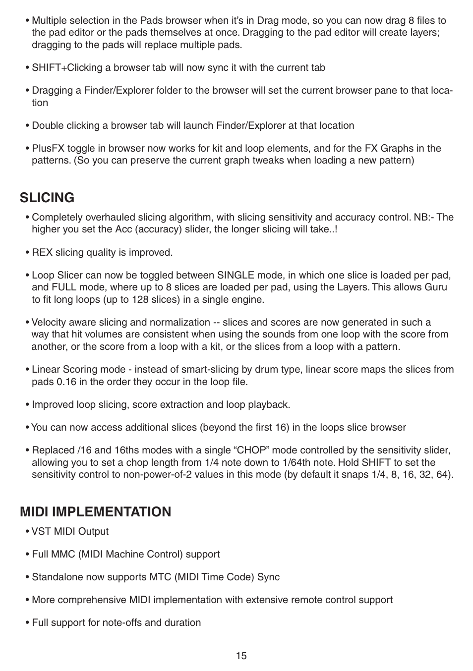 Slicing, Midi implementation | FXpansion Guru 1.5 User Manual | Page 15 / 19
