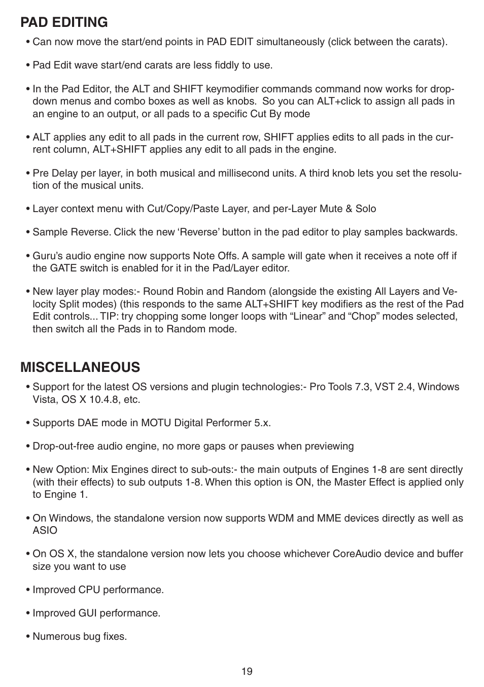 Pad editing, Miscellaneous | FXpansion Guru 1.5 User Manual | Page 19 / 19
