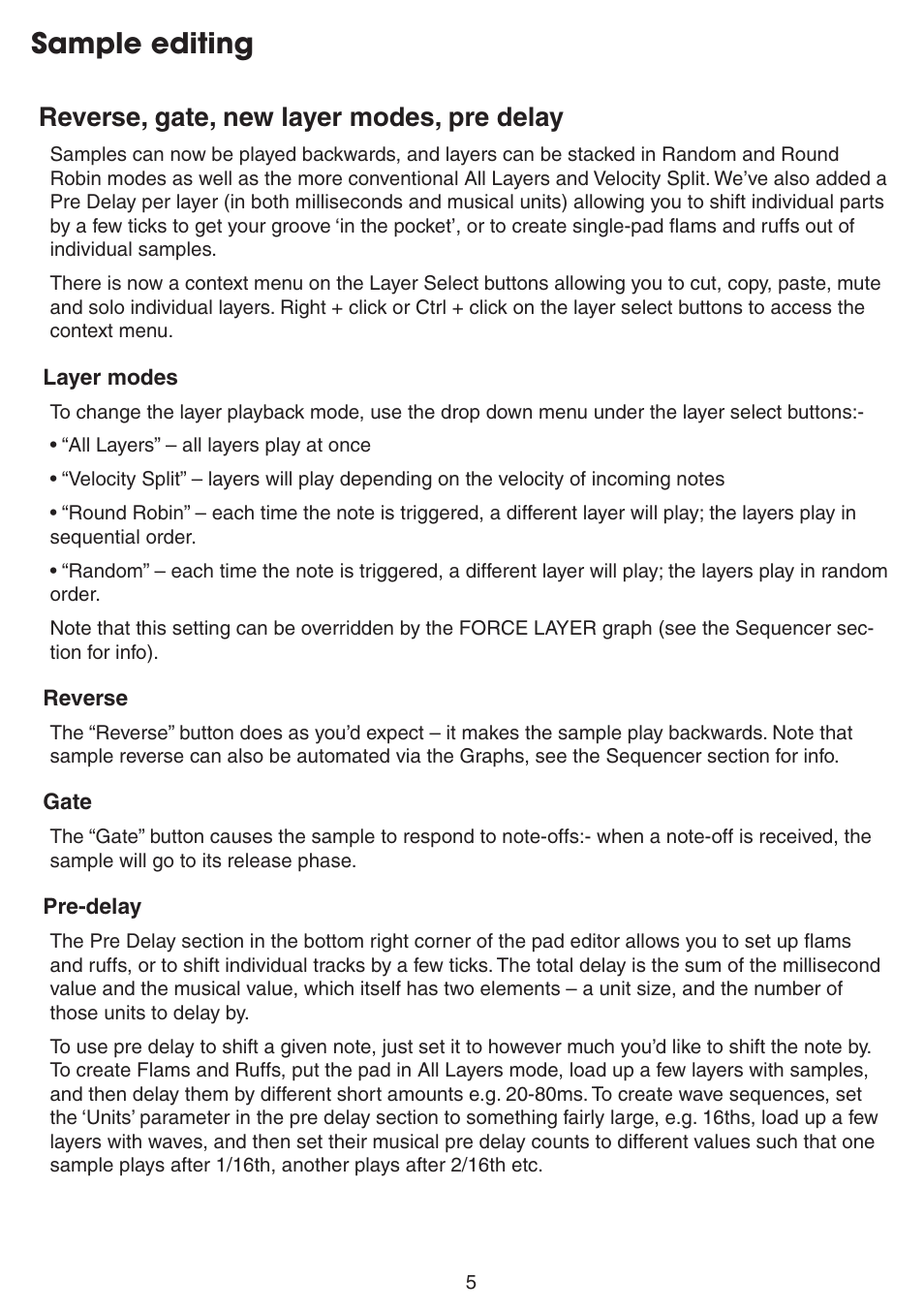 Sample editing, Reverse, gate, new layer modes, pre delay | FXpansion Guru 1.5 User Manual | Page 5 / 19