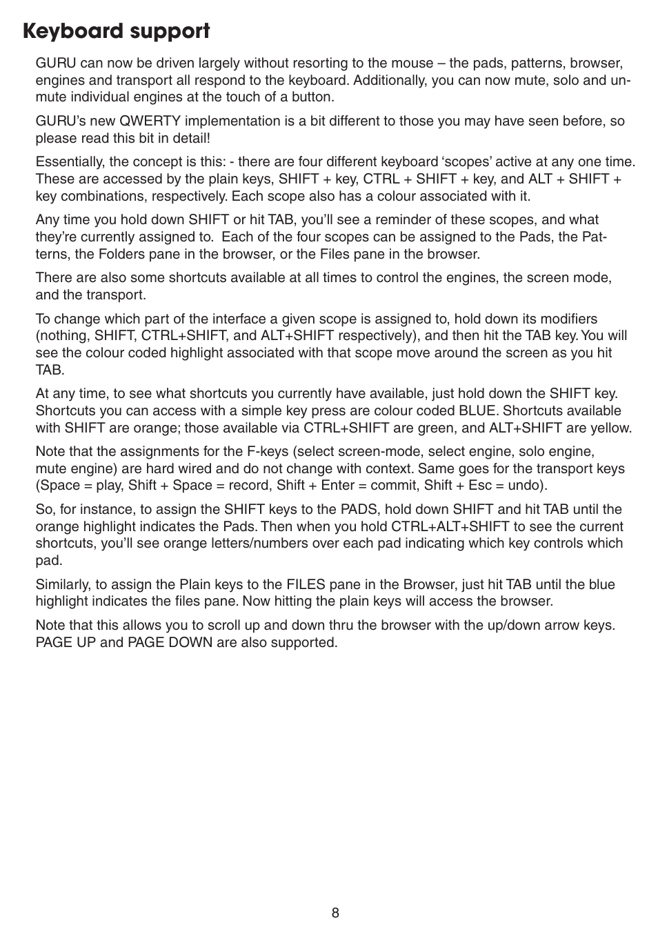 Keyboard support | FXpansion Guru 1.5 User Manual | Page 8 / 19