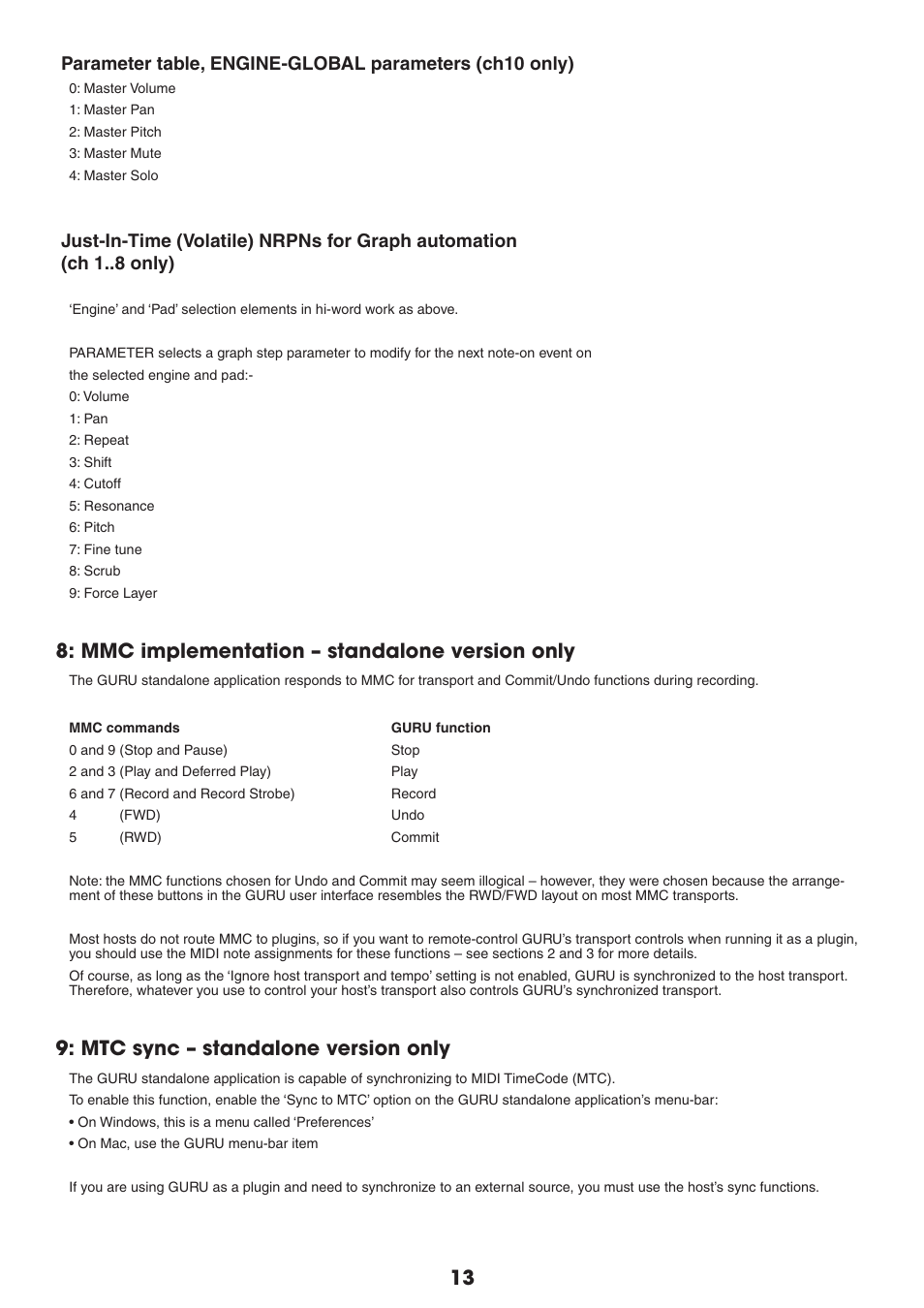Mmc implementation – standalone version only, Mtc sync – standalone version only | FXpansion GURU 1.5 MIDI implementation User Manual | Page 13 / 13