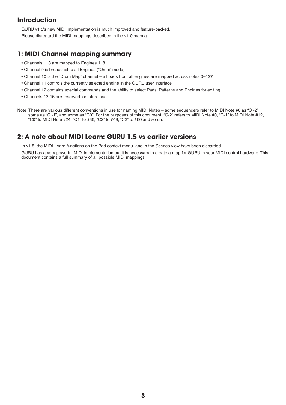 Introduction, Midi channel mapping summary | FXpansion GURU 1.5 MIDI implementation User Manual | Page 3 / 13