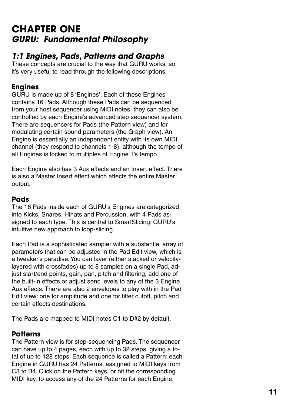 Chapter one, Guru: fundamental philosophy, 1 engines, pads, patterns and graphs | Chapter 1, Guru: fundamental philosophy 11, 1 engines, pads, patterns and graphs 11 | FXpansion GURU User Manual | Page 12 / 97