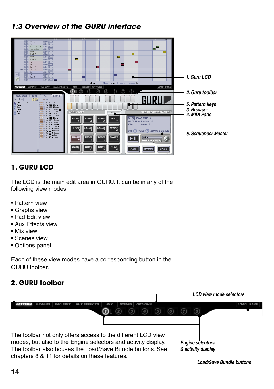 3 overview of the guru interface, 3 overview of the guru interface 14, 14 1:3 overview of the guru interface | FXpansion GURU User Manual | Page 15 / 97