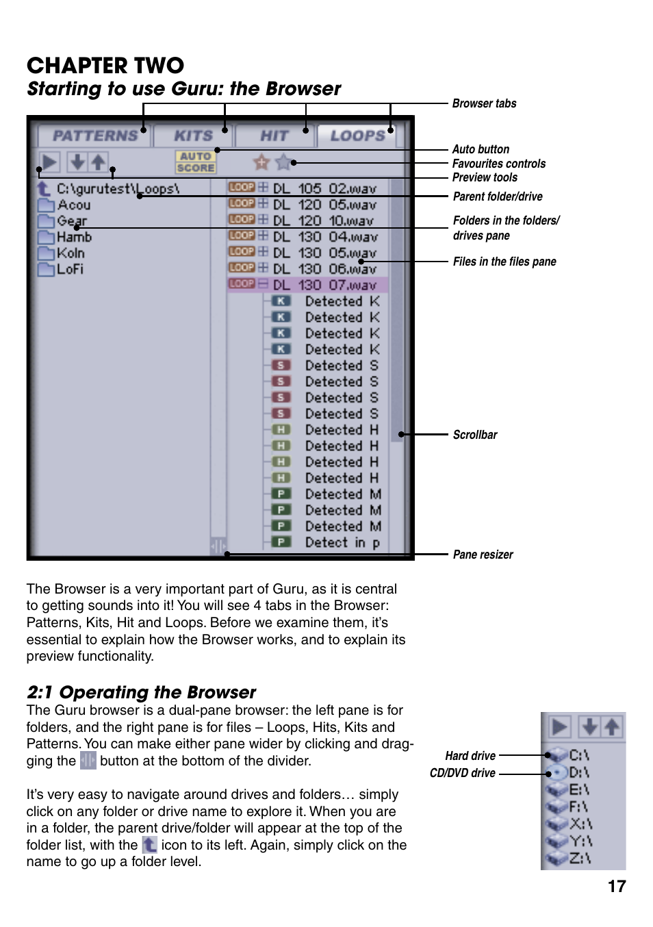 Chapter two, Starting to use guru: the browser, 1 operating the browser | Chapter 2, Starting to use guru: the browser 17, 1 operating the browser 17 | FXpansion GURU User Manual | Page 18 / 97