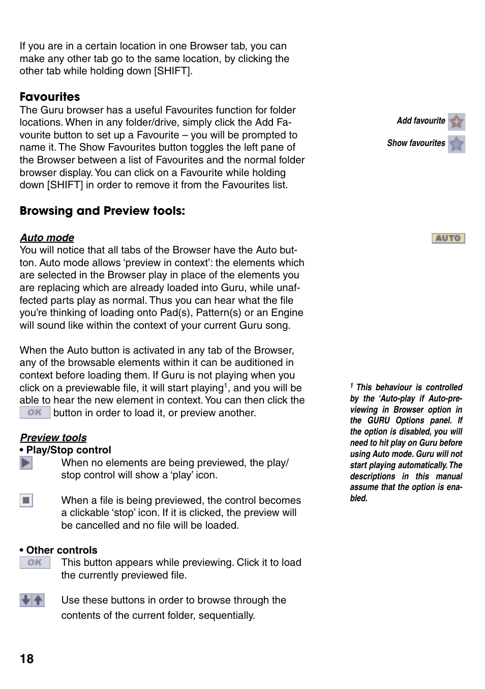 Favourites, Browsing and preview tools, Auto mode | Preview tools, Favourites 18, Browsing and preview tools 18, Auto mode 18, Preview tools 18 | FXpansion GURU User Manual | Page 19 / 97