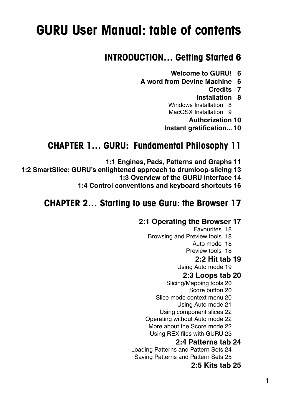 Guru user manual: table of contents, Introduction… getting started 6, Chapter 1 … guru: fundamental philosophy 11 | Chapter 2 … starting to use guru: the browser 17 | FXpansion GURU User Manual | Page 2 / 97