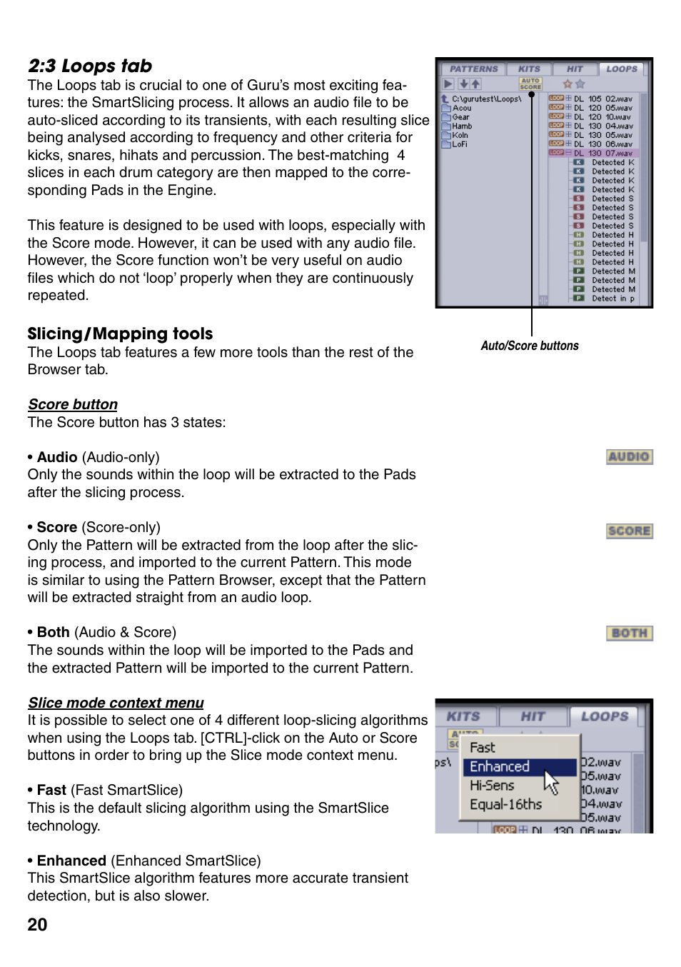 2 loops tab, Slicing/mapping tools, Score button | Slice mode context menu, 3 loops tab 20, Slicing/mapping tools 20, Score button 20, Slice mode context menu 20, 20 2:3 loops tab | FXpansion GURU User Manual | Page 21 / 97