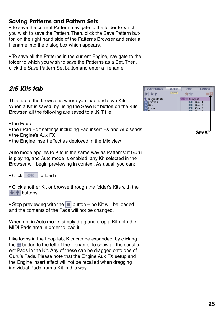 Saving patterns and pattern sets, 5 kits tab, Saving patterns and pattern sets 25 | 5 kits tab 25 | FXpansion GURU User Manual | Page 26 / 97