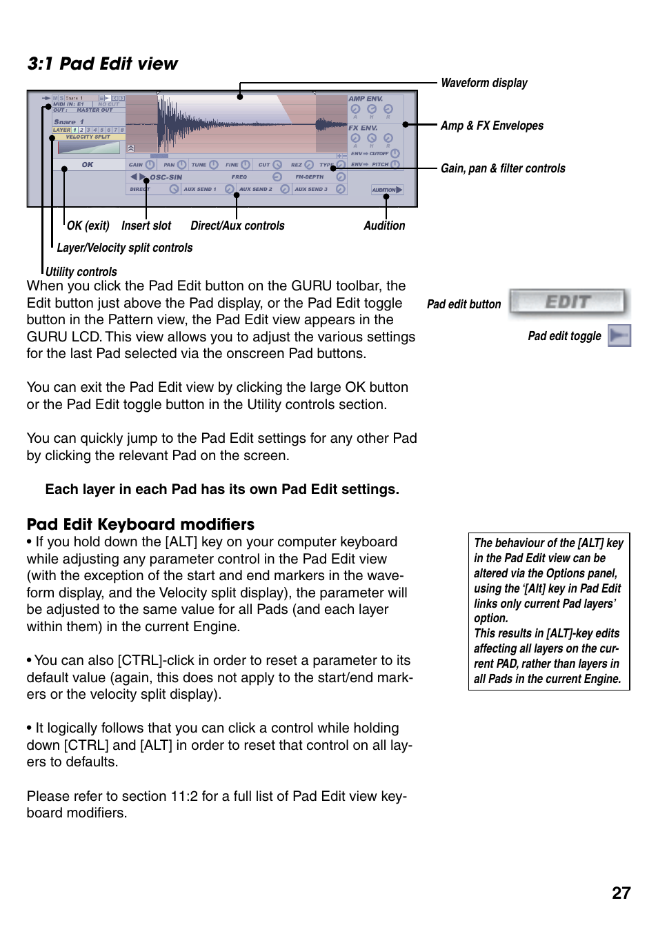 1 pad edit view, Pad edit keyboard modifiers, 1 pad edit view 27 | Pad edit keyboard modiﬁers 27, 27 3:1 pad edit view | FXpansion GURU User Manual | Page 28 / 97