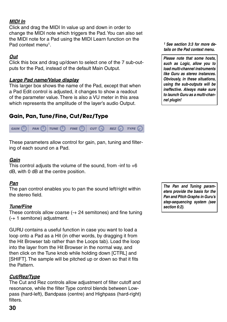 Gain, pan, tune/fine, cut/rez/type, Gain, pan, tune/fine, cut/rez/type 30 | FXpansion GURU User Manual | Page 31 / 97