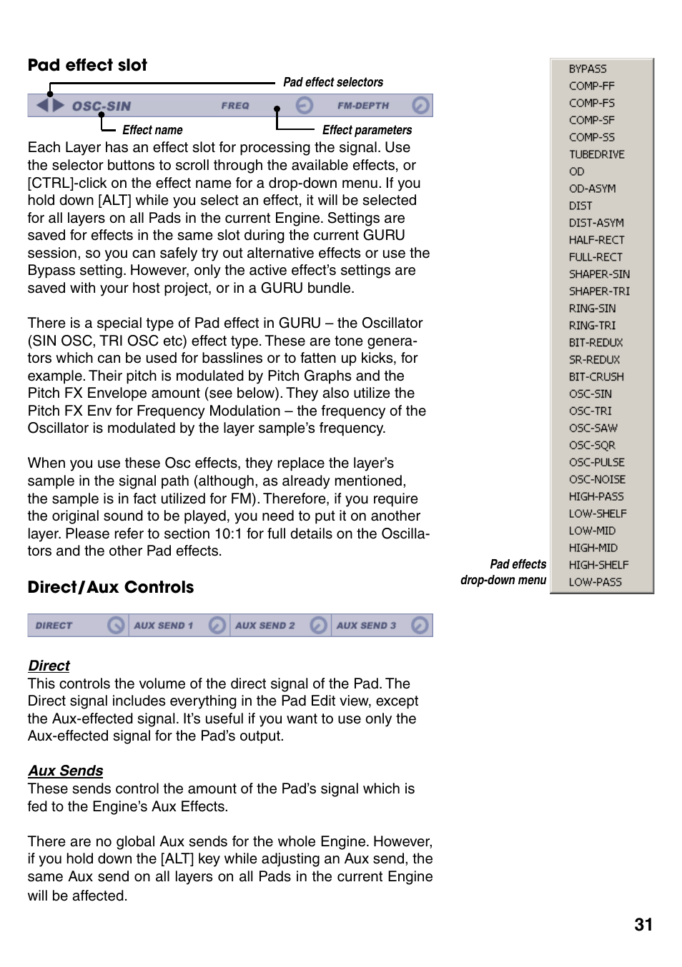 Pad effect slot, Direct/aux controls, Pad effect slot 31 | Direct/aux controls 31 | FXpansion GURU User Manual | Page 32 / 97