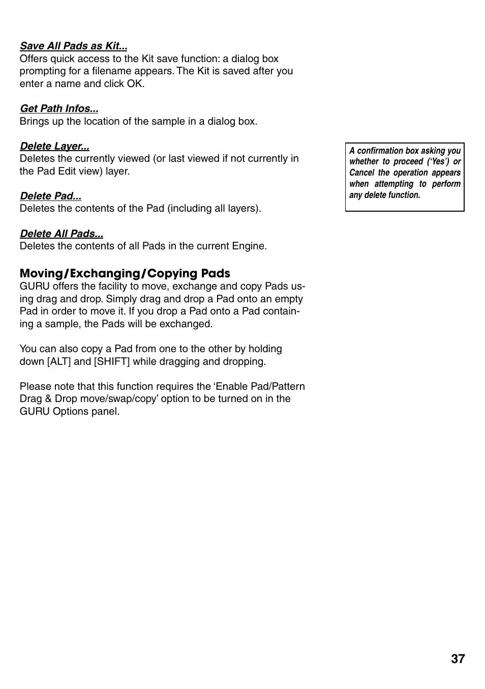 Moving/exchanging/copying pads, Moving/exchanging/copying pads 37 | FXpansion GURU User Manual | Page 38 / 97