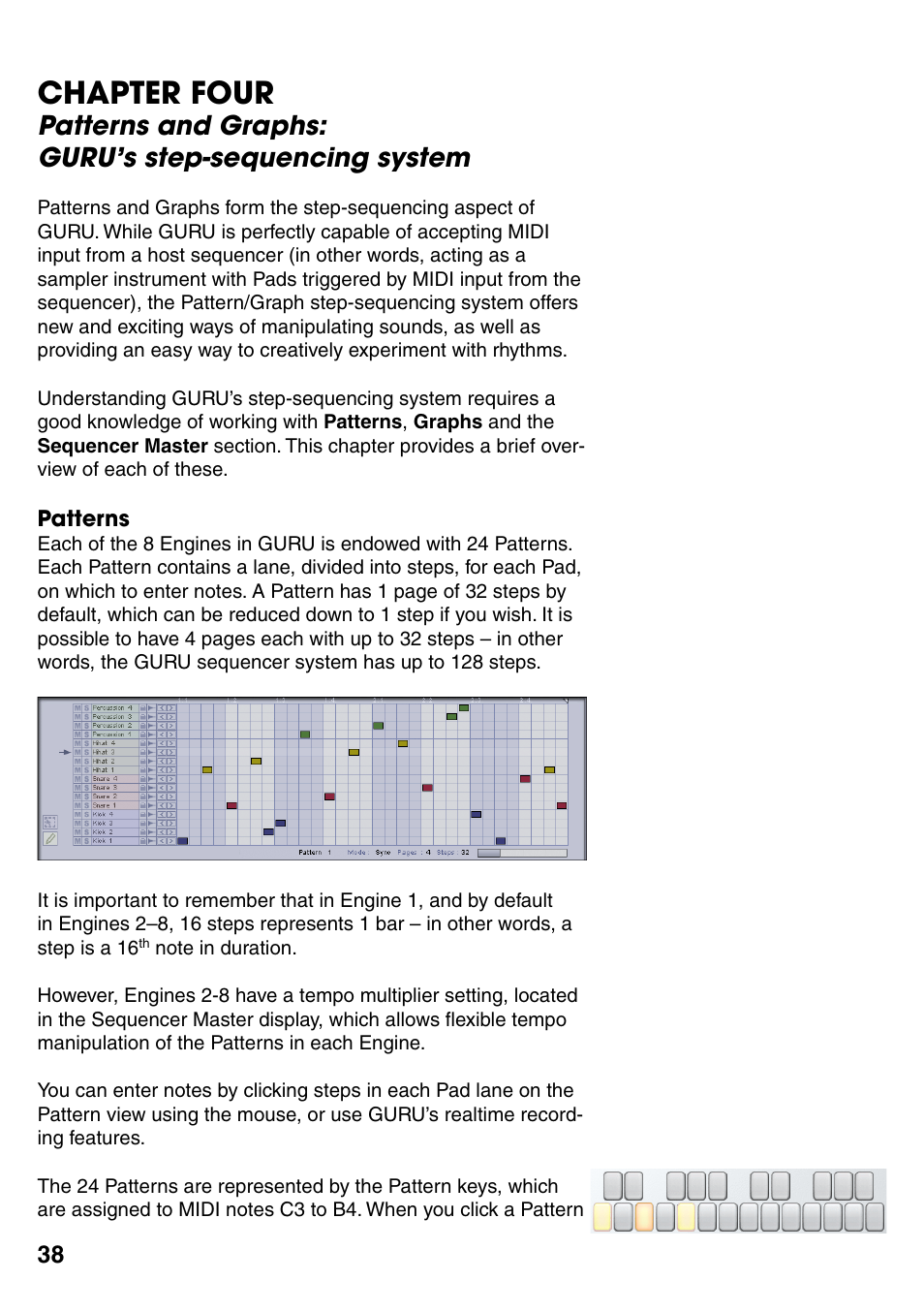 Chapter four, Patterns and graphs, Patterns | Chapter, Patterns and graphs 38, Patterns 38, Patterns and graphs: guru’s step-sequencing system | FXpansion GURU User Manual | Page 39 / 97